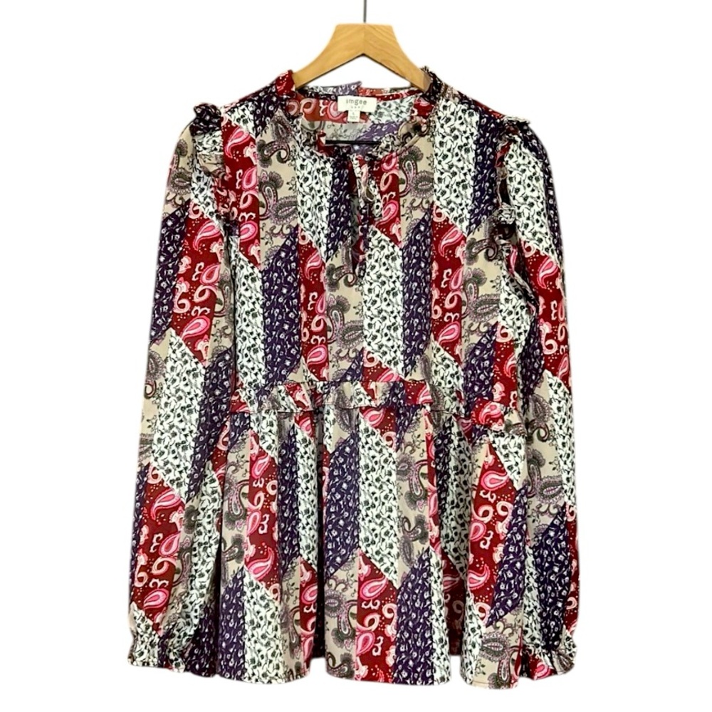 Umgee Mixed Print Ruffle Blouse Top in Mixed Wine Women’s Size Large - Picture 3 of 9